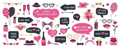 Cute Valentine Day photo booth props as set of party graphic elements