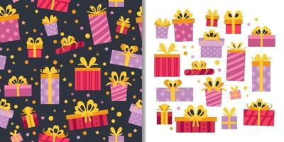 Party presents set with seamless pattern and cute gift boxes elements vector