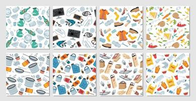 Set of 8 garbage seamless patterns with trash items vector