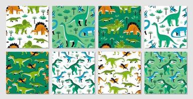 Vector set of eight seamless patterns with dinosaurs, vector design