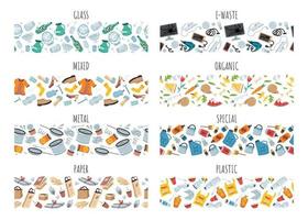 Set of 8 garbage seamless patterns with trash items vector