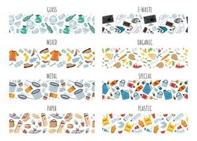 Set of 8 garbage seamless patterns with trash items vector