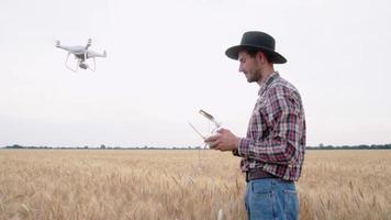 lavoratore con drone nei campi di grano estivi video