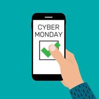 mano que sostiene el teléfono móvil. concepto de venta de cyber monday. vector