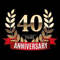 40 Years Anniversary Golden Template with Red Ribbon and Laurel wreath vector