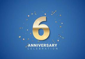 6 anniversary background with golden numbers, confetti, stars vector