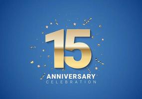 15 anniversary background with golden numbers, confetti, stars vector