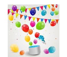 Globos de colores brillantes en la ilustración de vector de fondo de caja de regalo