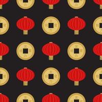 Flat red hanging Chinese lantern with golden coin vector