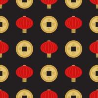 Flat red hanging Chinese lantern with golden coin vector