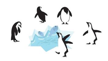 Happy penguin characters on ice floe with fish vector