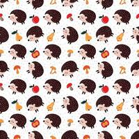 pattern of  hedgehogs among autumn leaves and fruits with mushrooms vector