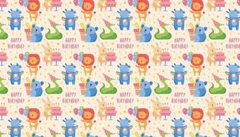 Happy birthday pattern lion rhino koala rabbit snake kids illustration vector