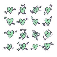 Hand drawn purple and green hearts vector