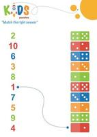 Learning numbers printable worksheet. Match the right answer. vector