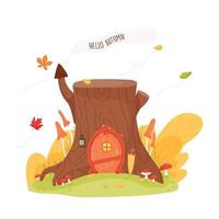 hola otoño bosque tocón casa del árbol vector