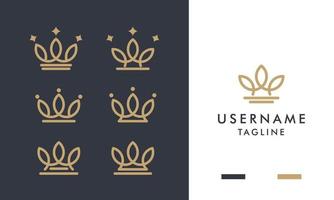 conjunto de icono de coronas de oro real y diseño de logotipo con estilo de arte lineal vector