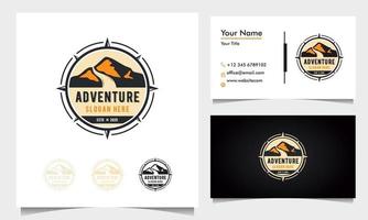 badge adventure logo with mountains and road with compass ornament