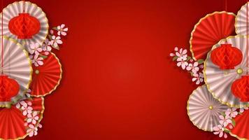 Red and white banner with sakura, paper flowers, fans and lanterns vector
