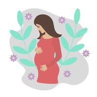 Beautiful pregnant woman with nature and leaves background. vector