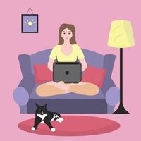 Freelance woman working on laptop on the sofa vector