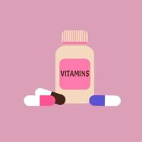 Medicine vitamin flat bottle with color capsules. vector