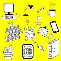 Office Work Doodle Icon Hand Draw Line Art on a yellow background. vector