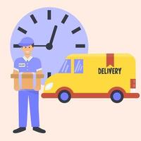 Delivery van with delivery man and clock. vector