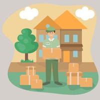 Delivery man with parcels in the suburbs. vector