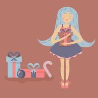 hermosa niña de hadas con cabello azul sosteniendo un regalo.