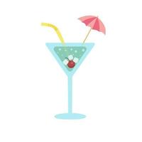 Martini glass with cherry, cocktail umbrella and drinking straw. vector