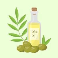 Botella de vidrio de aceite de oliva con aceitunas, hojas y rama. vector