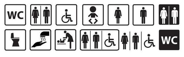 Conjunto de iconos de WC. signo de aseo. hombre, mujer, madre con bebé, minusválido vector