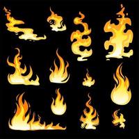 Conjunto de vectores de animación de sprite de hoja de llama de fuego de dibujos animados. ilustración