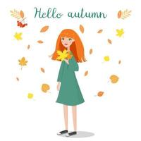 Vector illustration of girl holding autumn leaves. Hello autumn