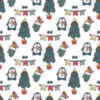 Christmas seamless pattern with forest trees and snowflakes on light