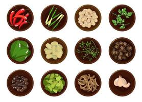 Different spices om plates over white background vector