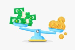 Illustration of banknotes and bitcoins at scale vector