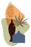 Colored vases with palm leaves, abstract, art. vector