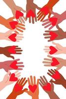 Many hands holding out hearts to each other, vector illustration.