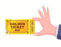 a golden unique ticket in a person's hand. flat vector illustration.