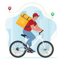 servicio de entrega urgente. mensajero en bicicleta con caja de paquetería. vector
