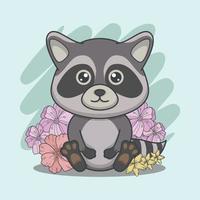 lindo mapache de dibujos animados y flores vector