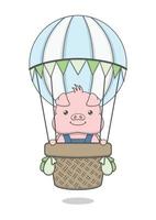 cerdo de dibujos animados lindo montando globo aerostático vector