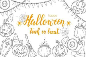 Halloween poster with pumpkin Jack, witch hat, sweets vector