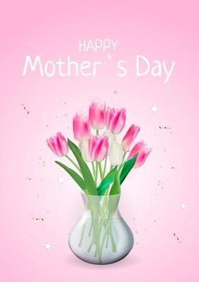 Happy Mother's Day Card with Realistic Tulip Flowers.