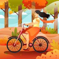 Mujer feliz montando bicicleta en el bosque de otoño vector