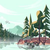 Forest Scenery with A Drinking Deer vector