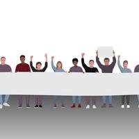 Protesting people with fists raised and banners seamless border. vector