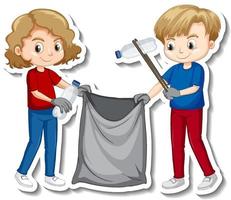 Sticker design with children collecting garbage vector